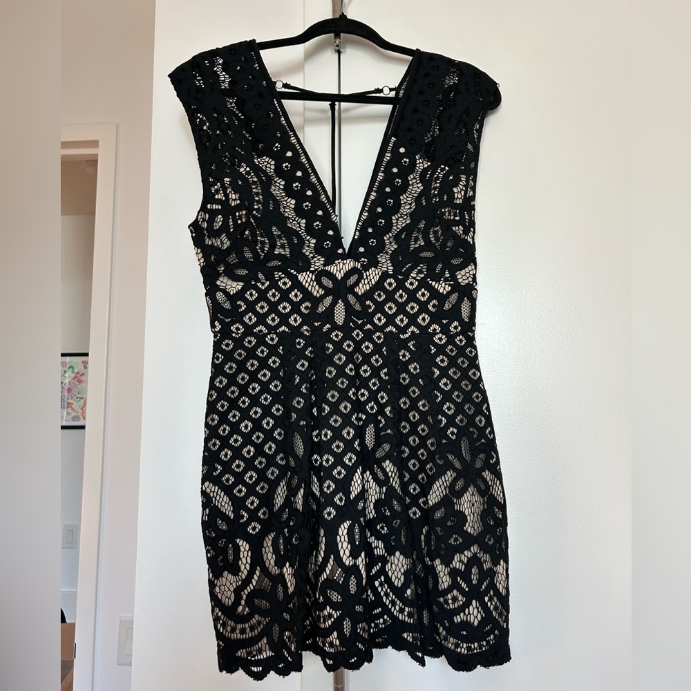 Free People micro mini lace overlay deep v cap sleeve dress